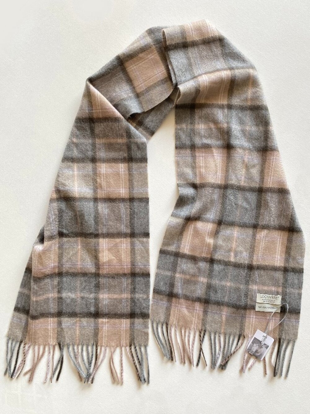Lochmere 100% Cashmere NWT Plaid Scarf Beige Check Fringed Luxury Scarf 12"×59"